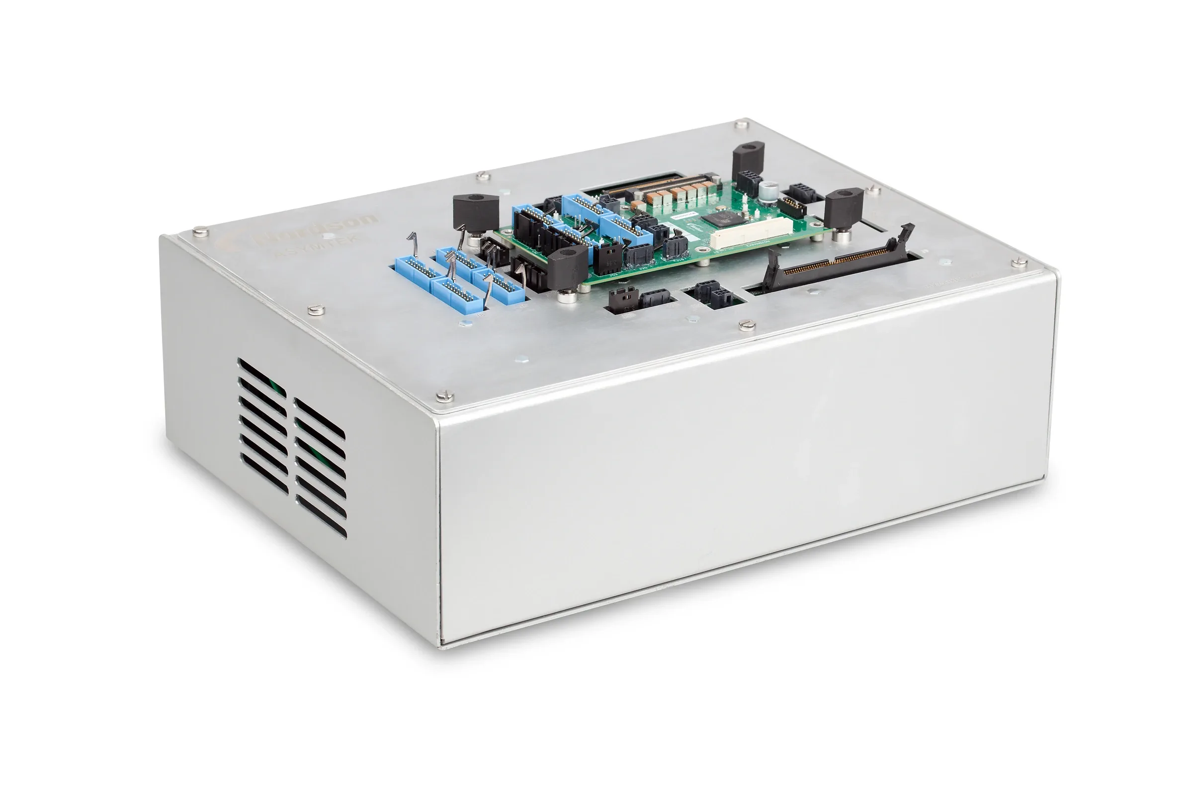 Brushed steel electronics enclosure with the top open to show the circuit board inside