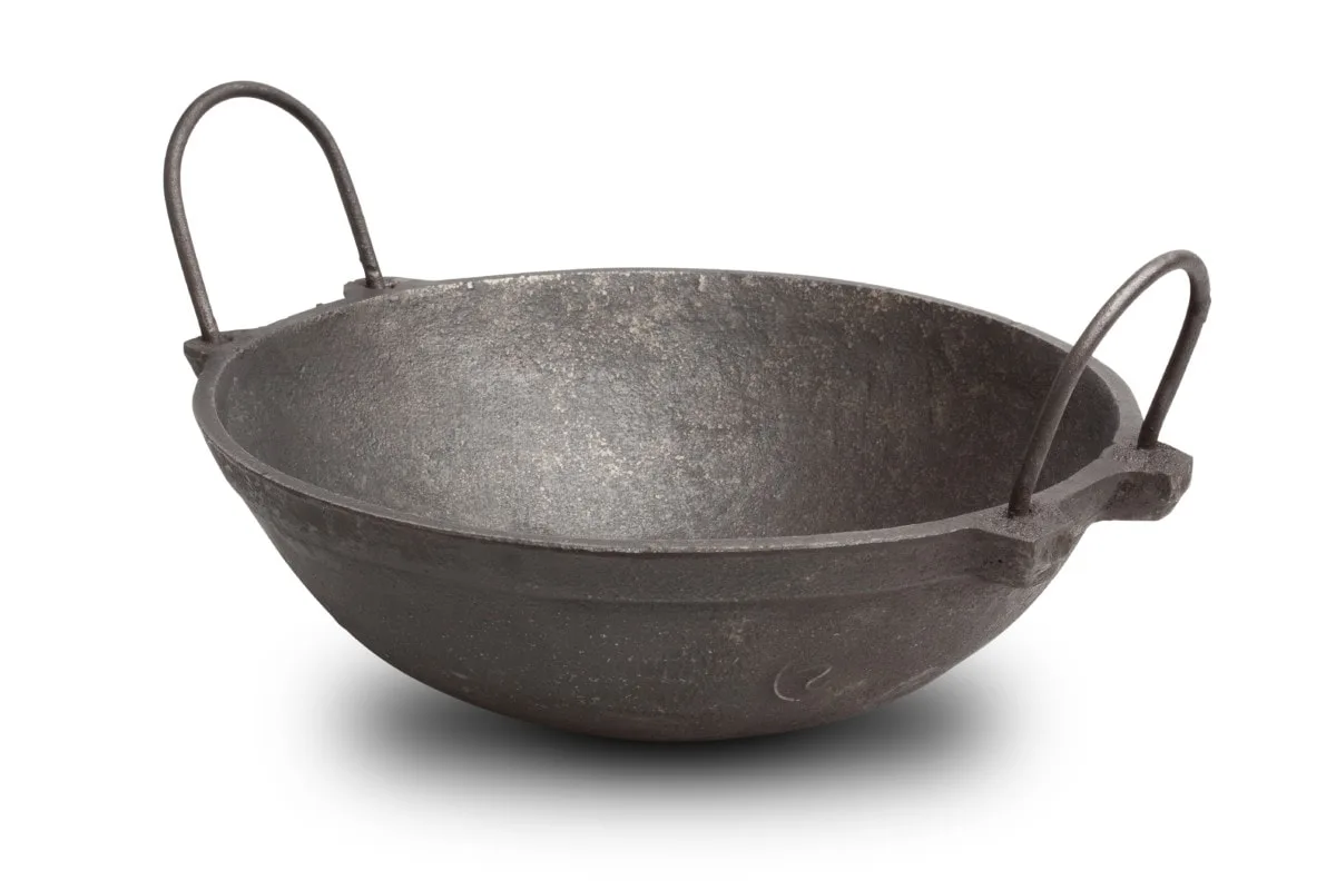 The Indus Valley cast iron kadai photographed on a white background